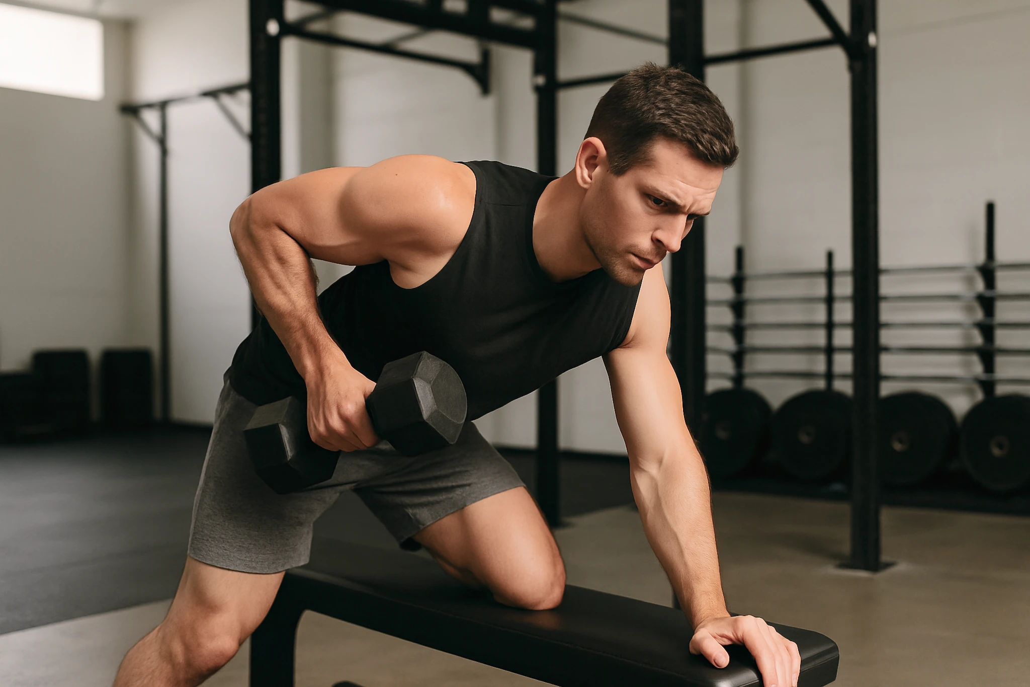 Athlete performing a clean, controlled dumbbell row in a bright functional gym