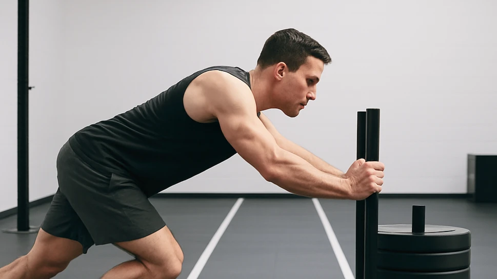 Athlete pushing a heavy sled