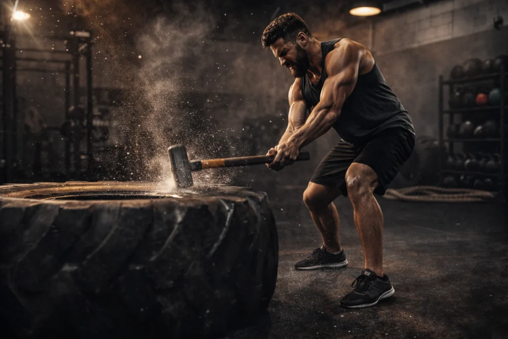 Athlete mid-swing with a sledgehammer against a large tyre in a gritty industrial gym