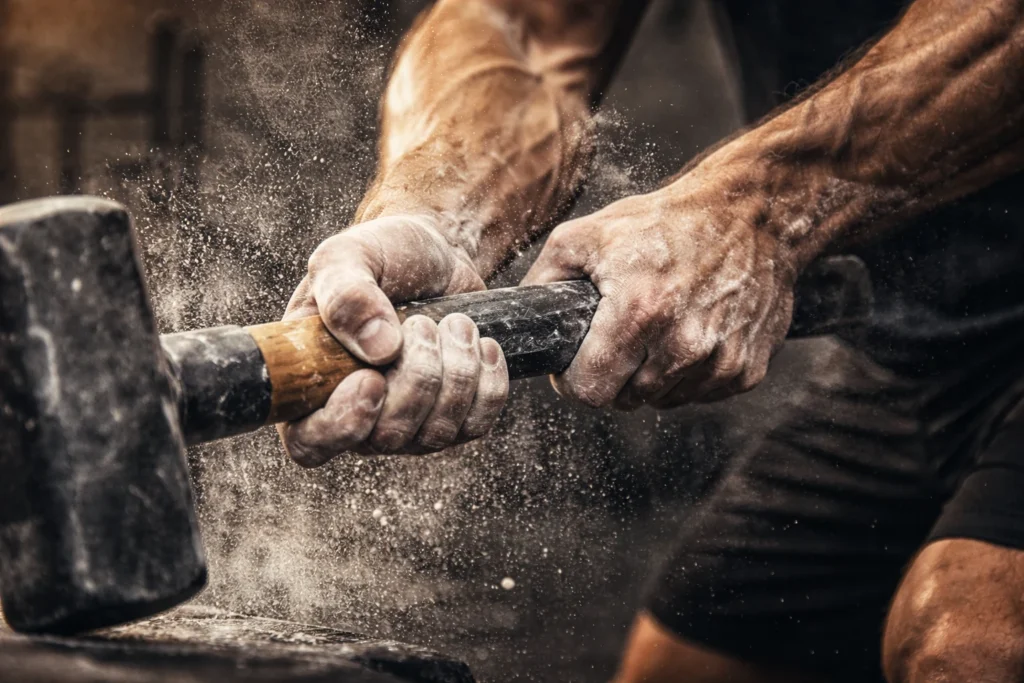 Close-up of hands gripping the hammer with chalk dust in motion