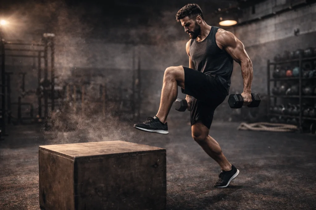 Athlete performing box step-overs while holding dumbbells at the side, mid-stride over a plyo box