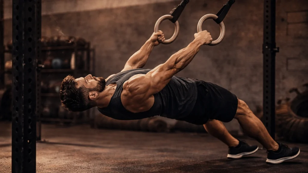 Athlete performing a strict ring row in a functional gym, body rigid in plank, rings suspended from rig, strong scapular retraction mid-rep