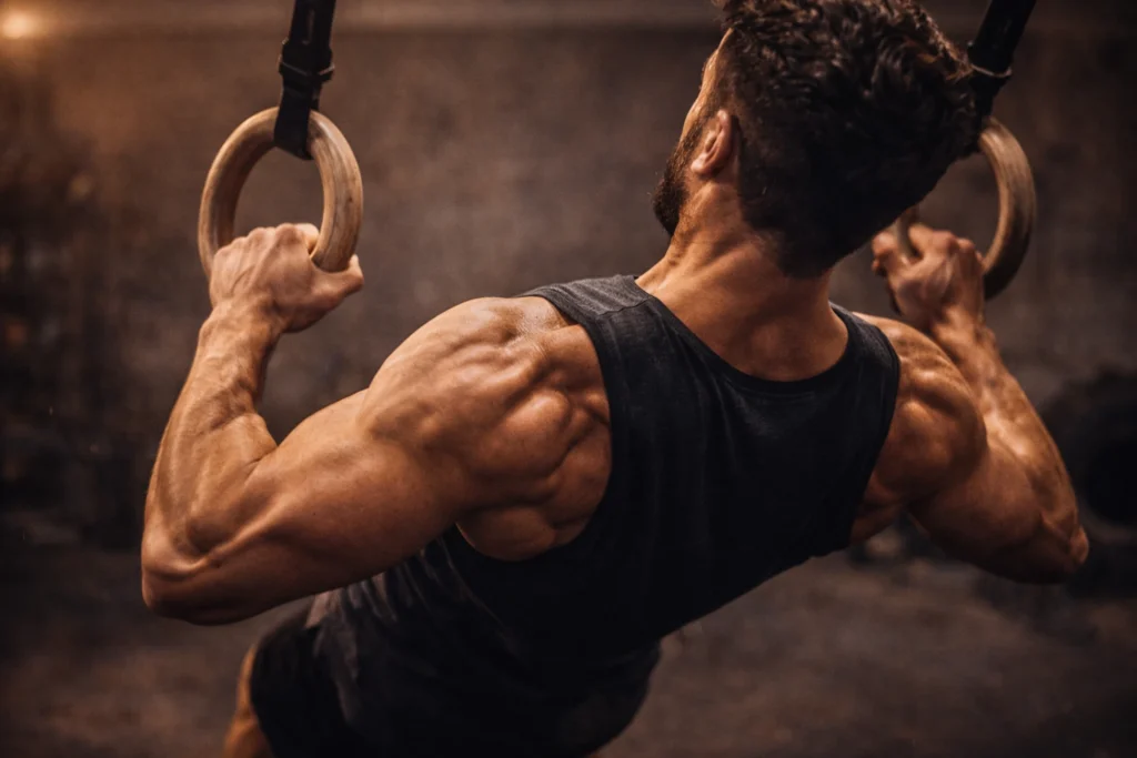 Close-up of mid-row position with shoulder blades fully retracted, tension visible across the upper back