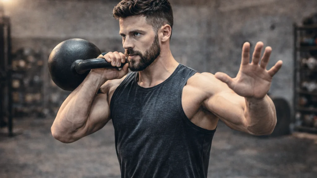 Athlete mid-kettlebell clean with crisp form, bell tucked in rack position at shoulder, other hand stabilising