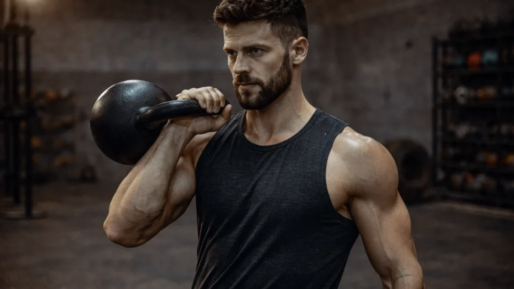 Front angle of rack position with tight elbow and vertical forearm, athlete focused