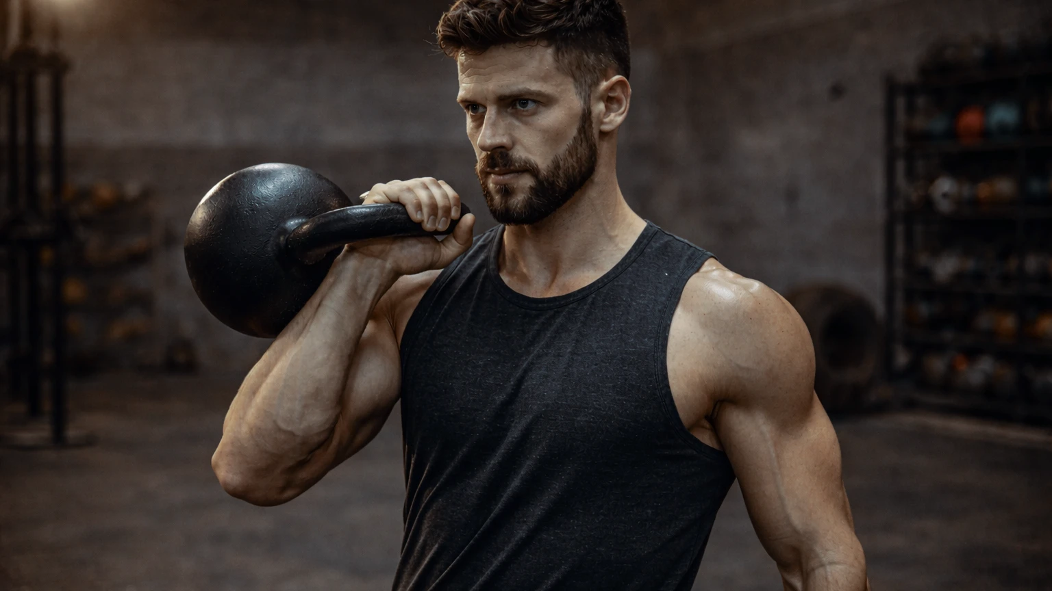 Front angle of rack position with tight elbow and vertical forearm, athlete focused