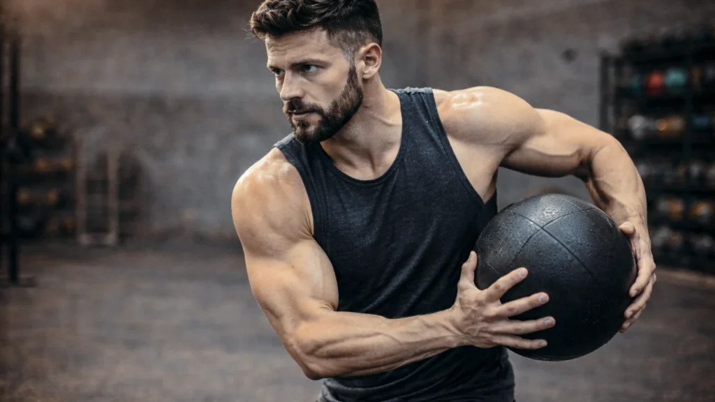 Close-up of ball cradled at the side just before the toss
