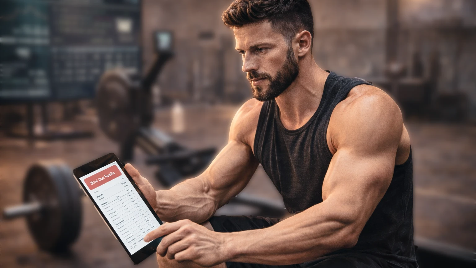 hybrid athlete in a modern performance lab, seated beside a rowing machine and barbell, reviewing blood test results on a tablet