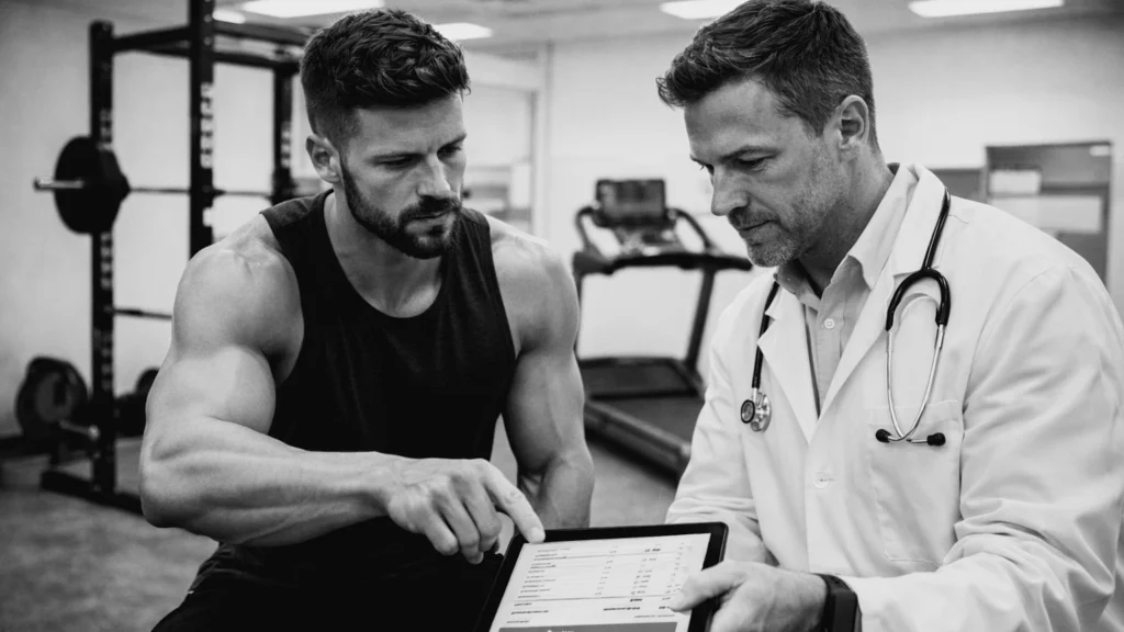 hybrid athlete and sports physician reviewing blood results beside a squat rack and treadmill