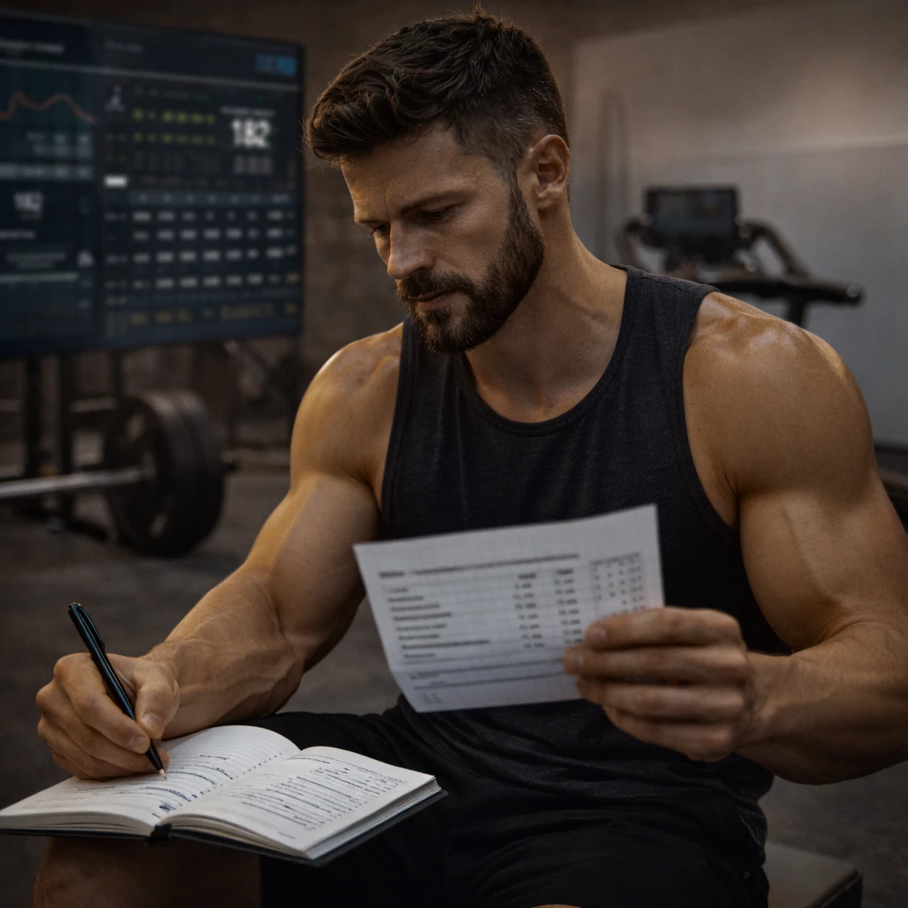 Hybrid athlete journaling training data while reviewing simplified lab notes