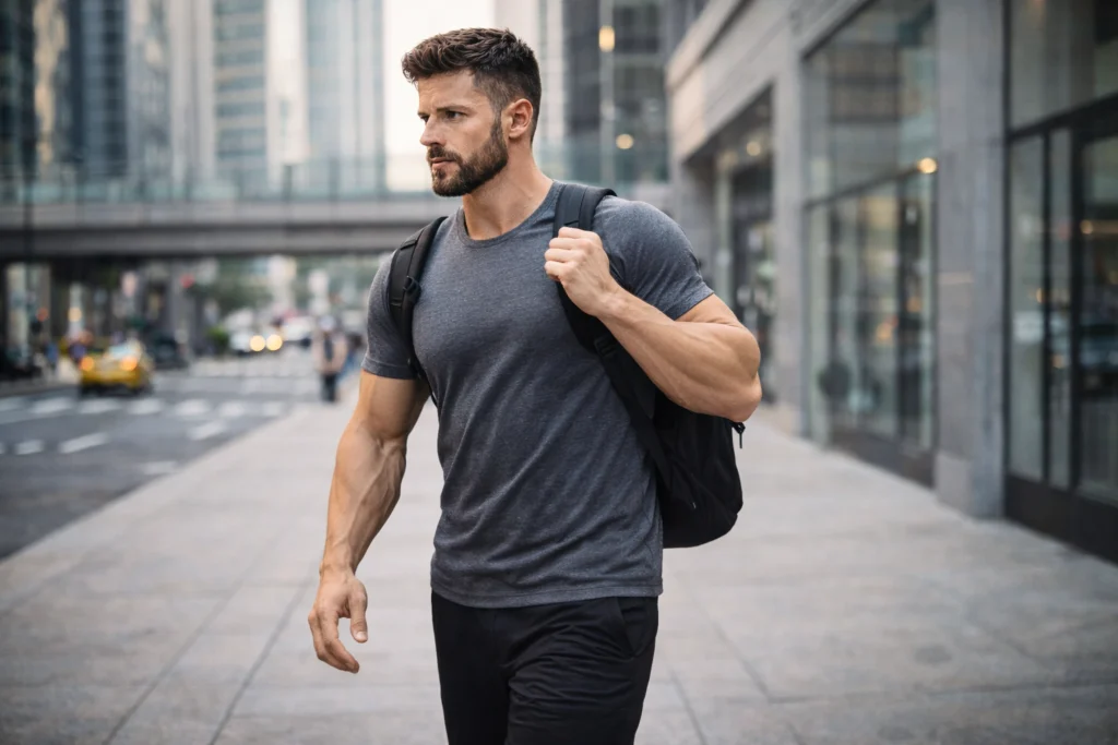 hybrid athlete walking through an urban environment carrying a backpack