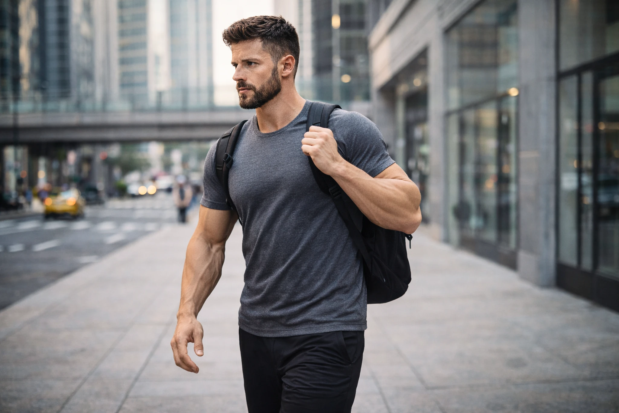 hybrid athlete walking through an urban environment carrying a backpack