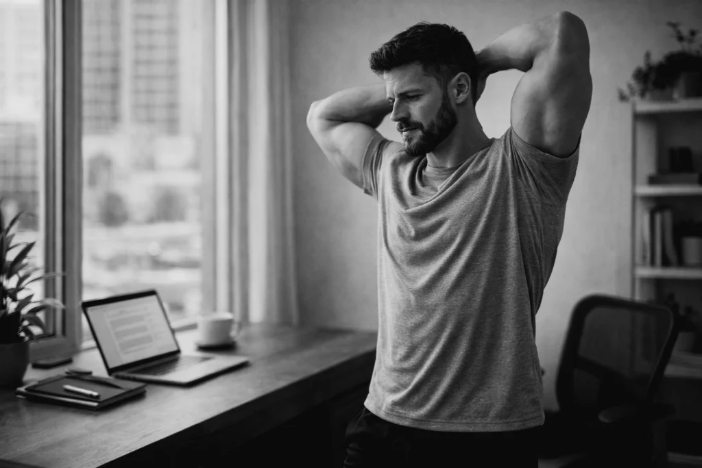 Person standing and stretching beside a desk