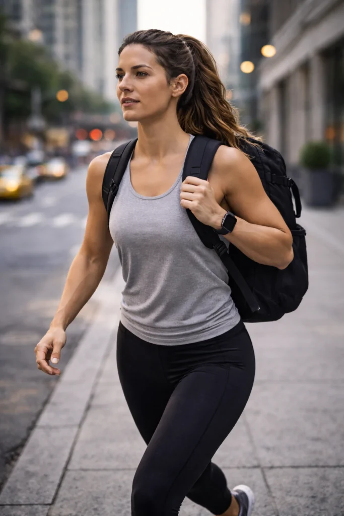Athlete walking briskly up a city street, backpack