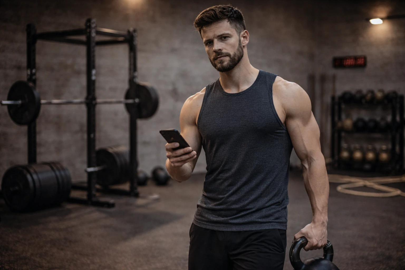 hybrid athlete standing in a functional training space, phone in one hand and kettlebell in the other