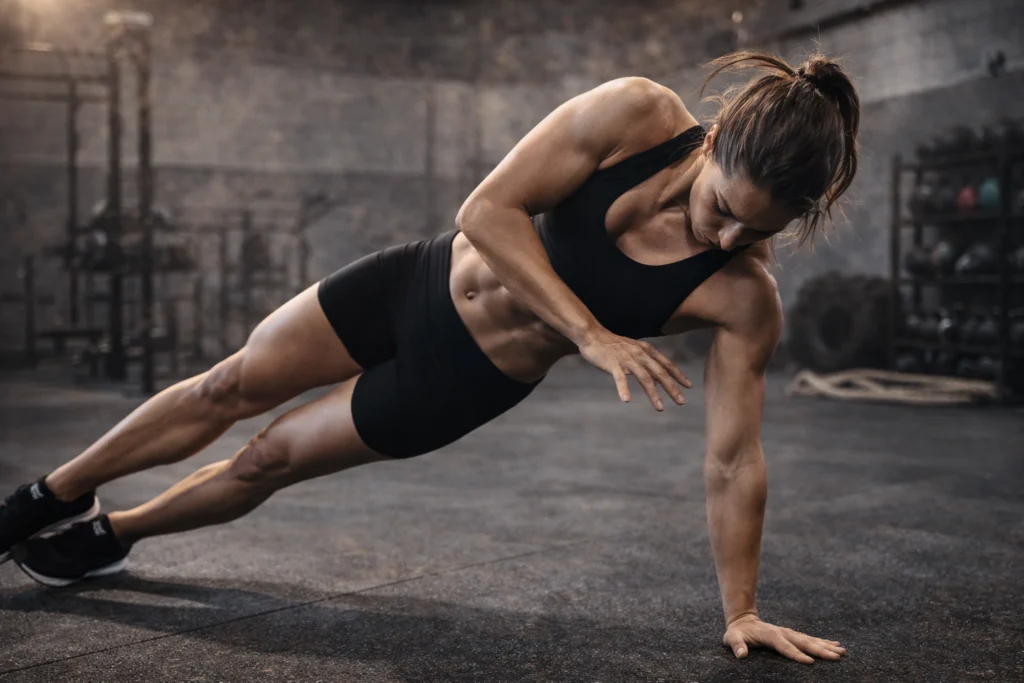 Athlete performing a side plank rotation, upper arm reaching under the torso