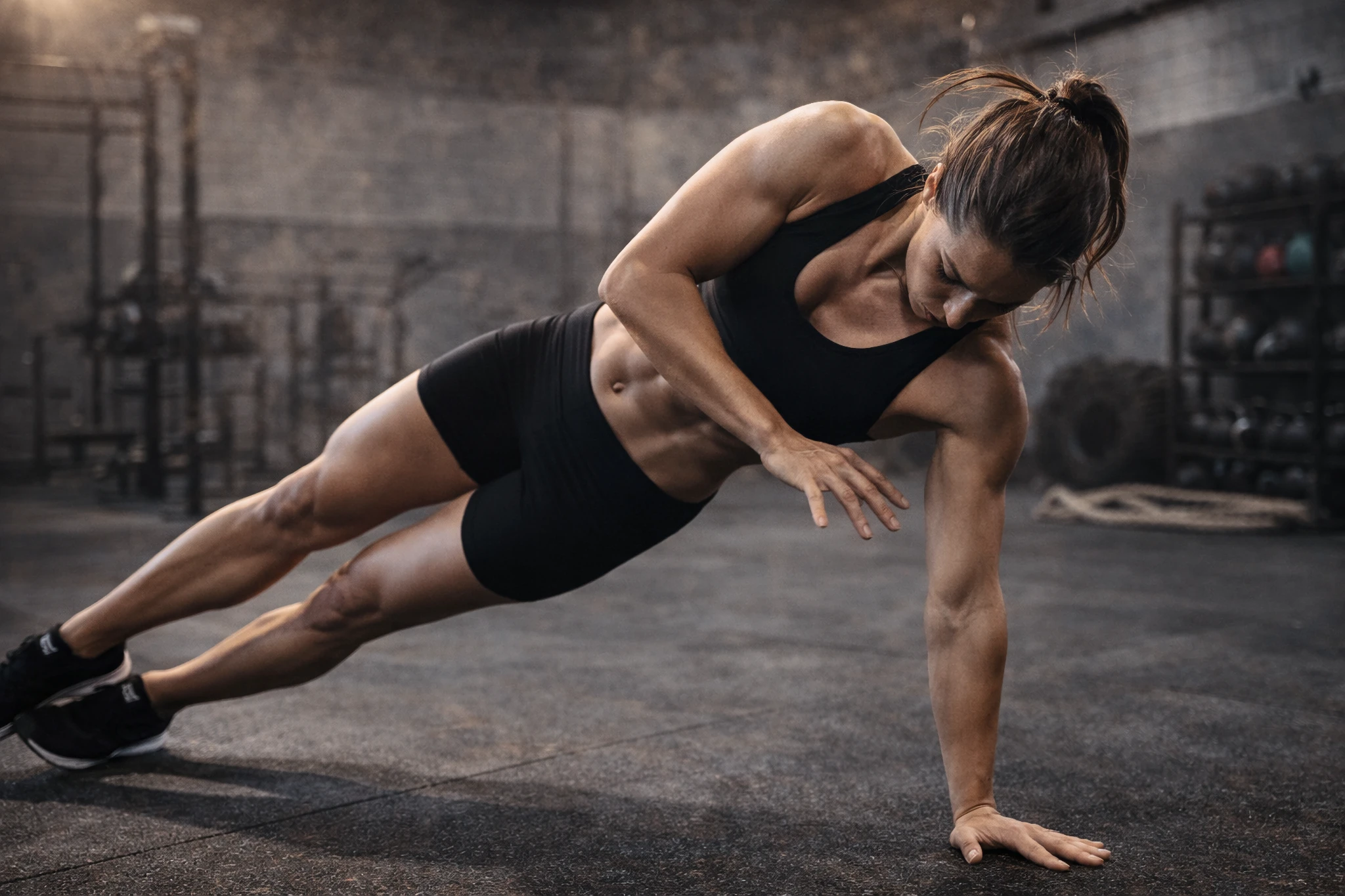Athlete performing a side plank rotation, upper arm reaching under the torso