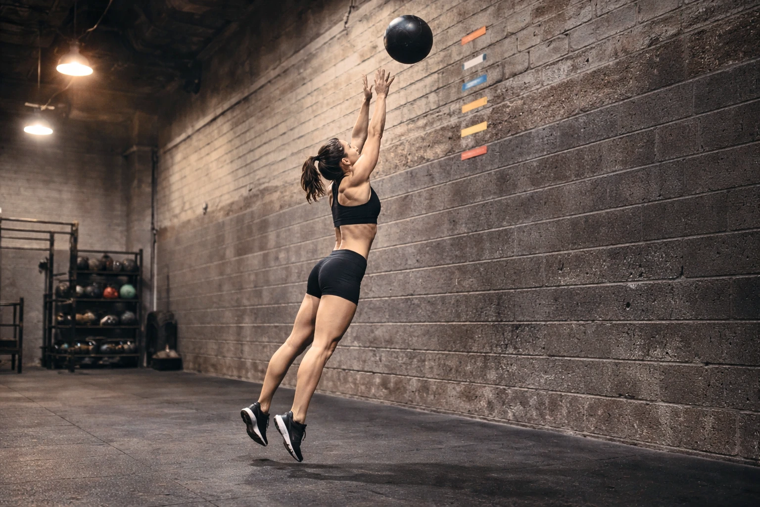 Athlete explosively launching a wall ball overhead toward a height marker on a brick wall, legs extended, arms fully vertical