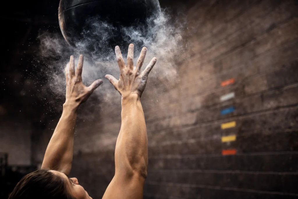 Close-up of hands releasing the ball overhead with focus and chalk dust in motion