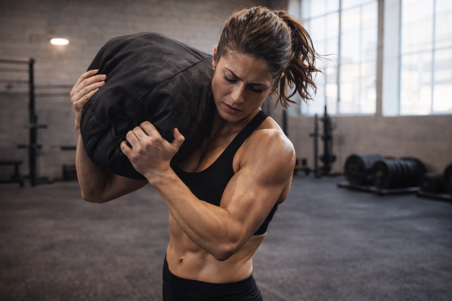 Athlete shouldering a sandbag in a functional gym setting
