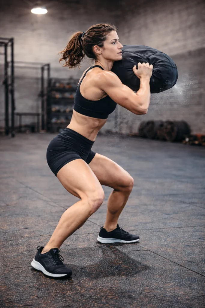 Side profile showing braced core and upward drive phase during the clean to shoulder
