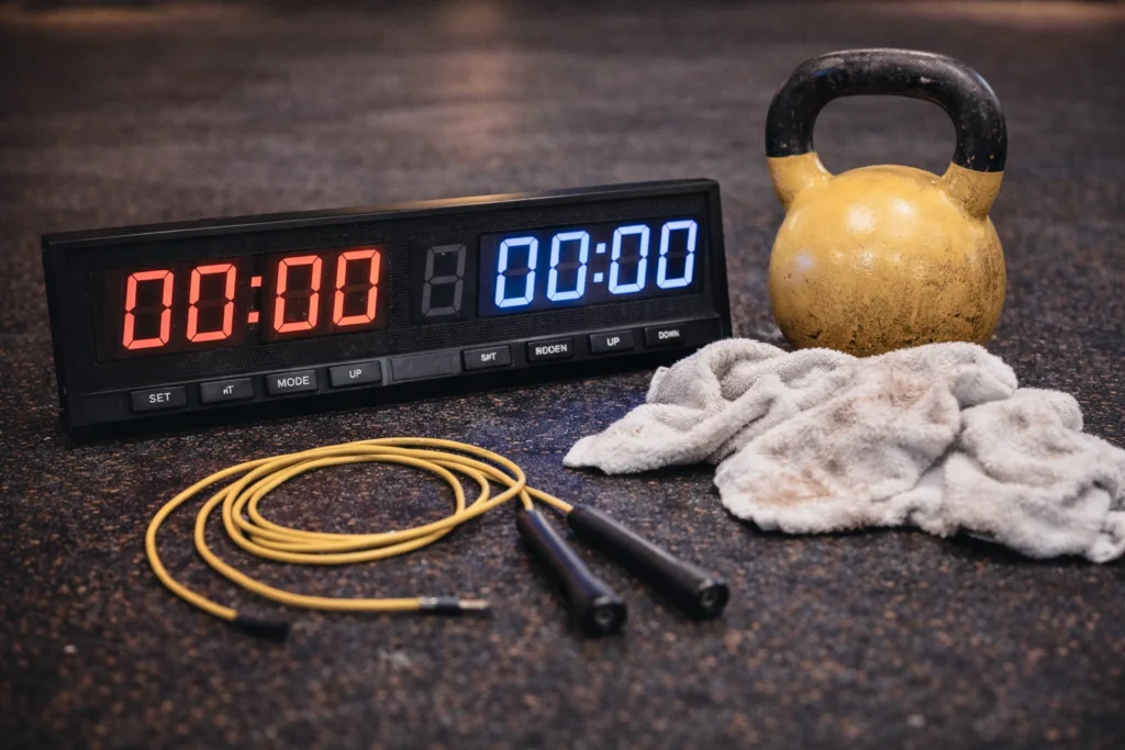 Close-up of timer, kettlebell, jump rope and sweat towel
