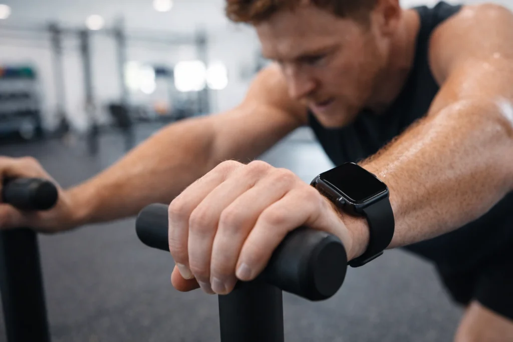 Close-up of athlete’s wrist wearing a sleek smartwatch during a sled push warmup