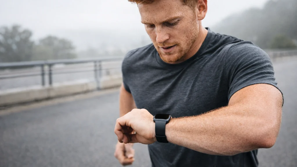 Athlete running outdoors on a grey morning, checking smartwatch pace