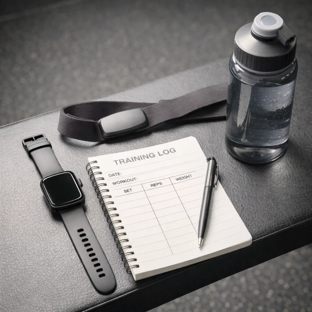 gym bench- smartwatch, training log notebook, heart rate strap, water bottle