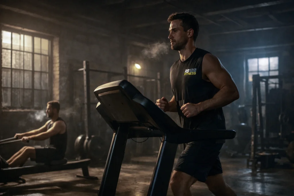 Dark industrial gym environment at early morning light. Athlete moving steadily on a treadmill while another rows in the background