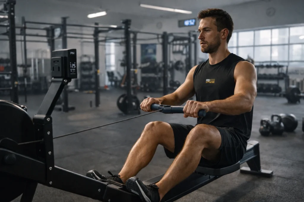 Athlete rowing at steady pace with relaxed posture and nasal breathing