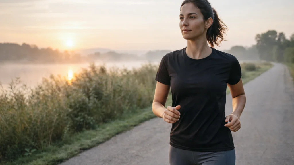 Athlete jogging at relaxed pace, upright posture, natural arm swing