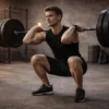 Athlete performing a deep controlled squat with upright torso and calm focus. Warm directional lighting, dramatic but clean shadows, visible muscle tension without strain