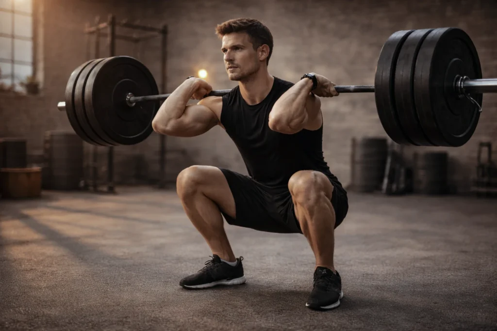 Athlete performing a deep controlled squat with upright torso and calm focus. Warm directional lighting, dramatic but clean shadows, visible muscle tension without strain