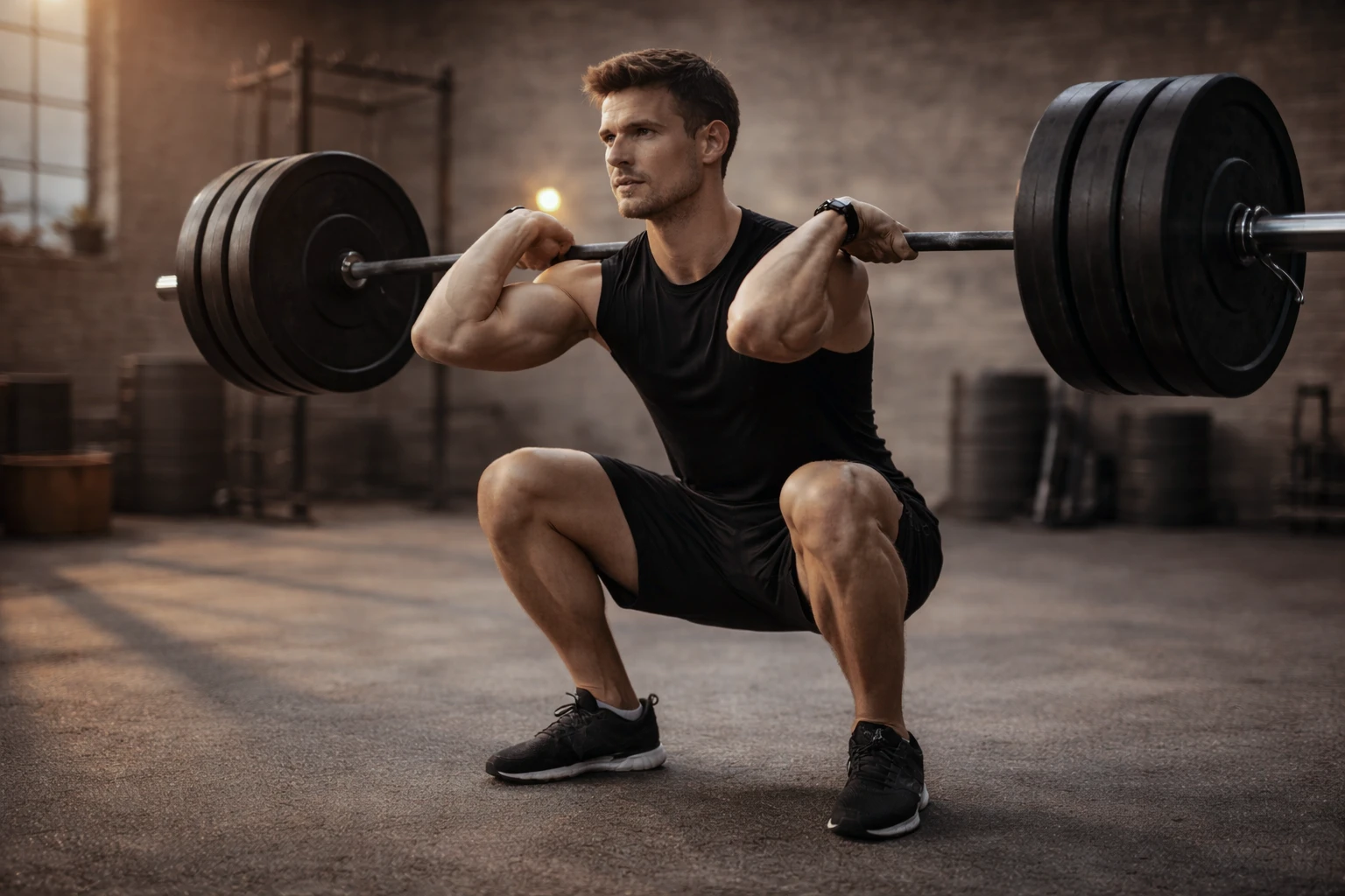 Athlete performing a deep controlled squat with upright torso and calm focus. Warm directional lighting, dramatic but clean shadows, visible muscle tension without strain