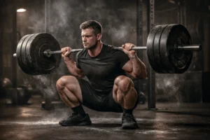 Athlete performing a loaded barbell pause squat at full depth