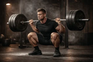 Athlete performing a slow tempo back squat with a barbell, mid-descent under control