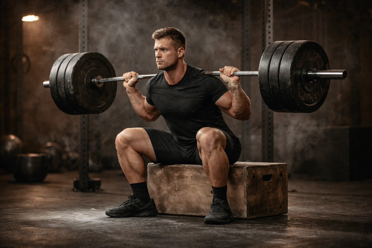 Athlete performing a barbell box squat to a plyometric box