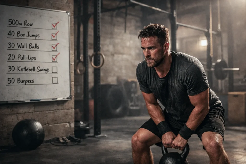 A chipper is a workout completed in a single round with a long sequence of exercises and high repetitions