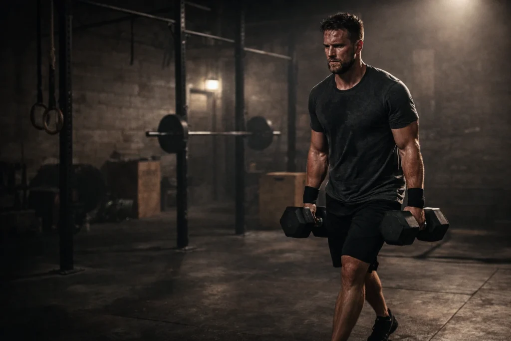 Athlete performing a heavy farmer carry, mid-stride, upright posture