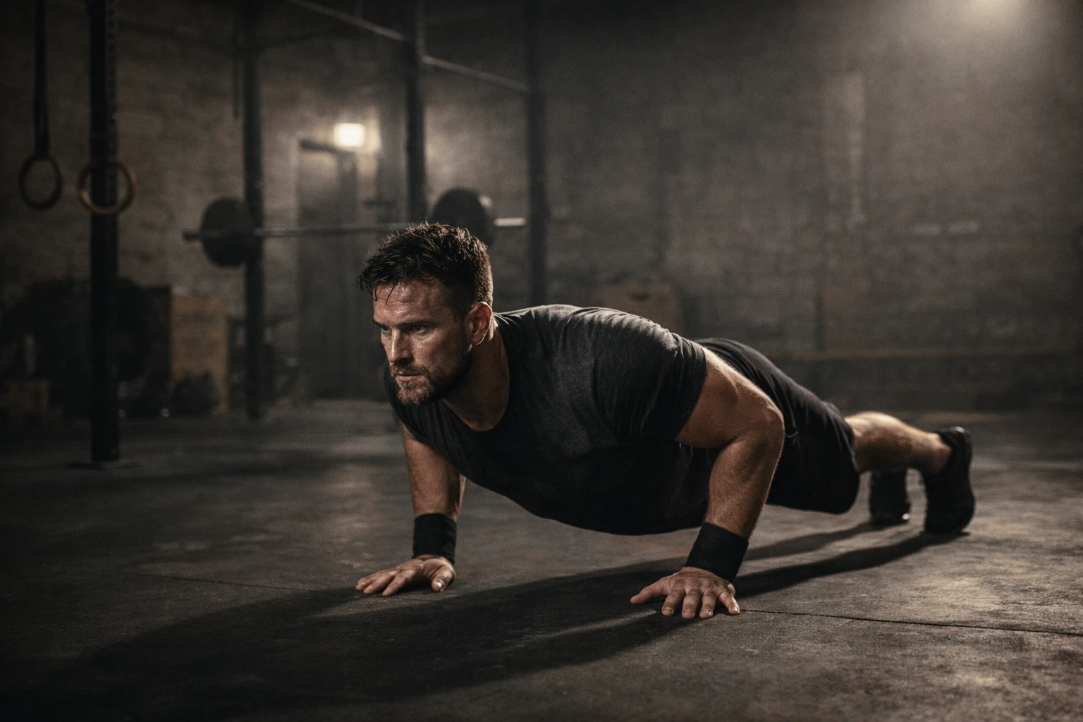 Athlete performing a strict push-up with perfect body alignment