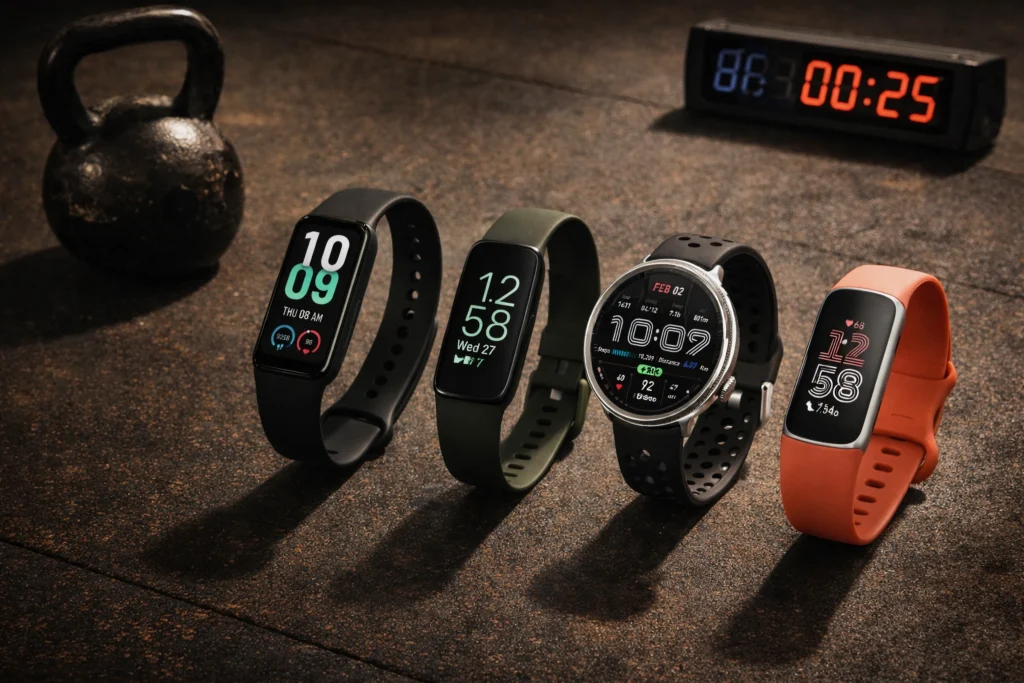 Four sleek fitness bands arranged on a dark rubber gym floor beside a kettlebell and interval timer