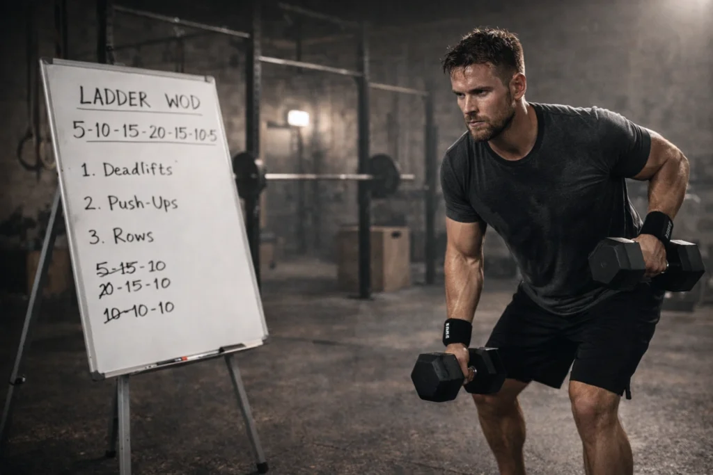 functional fitness gym scene showing a whiteboard with a clearly written ladder workout structure