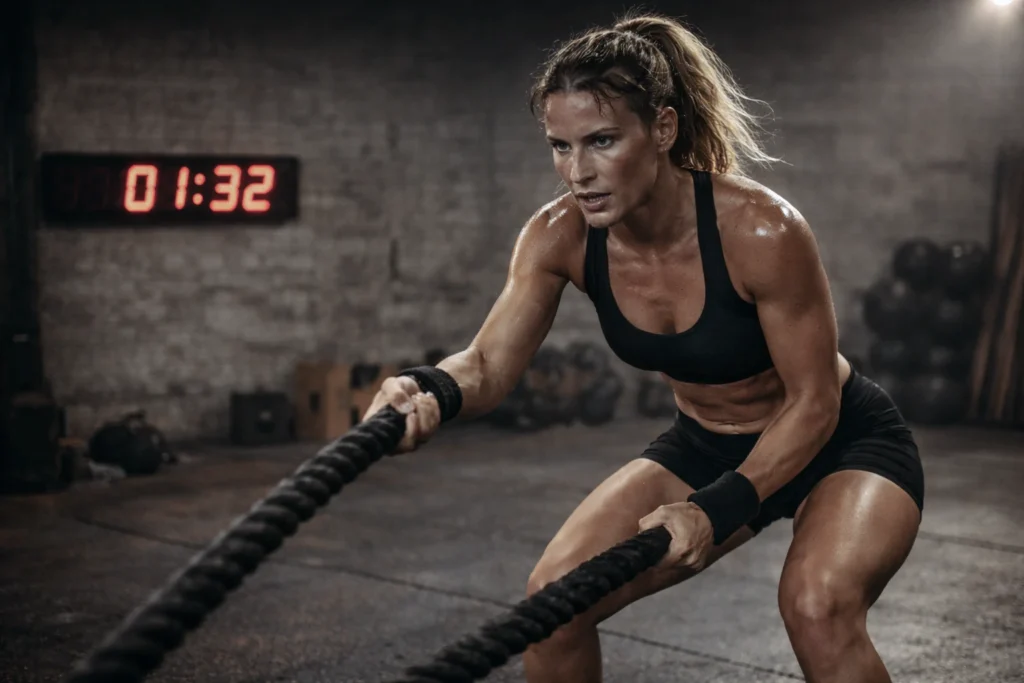 Athlete mid-interval during a high-effort movement, visible strain but controlled posture