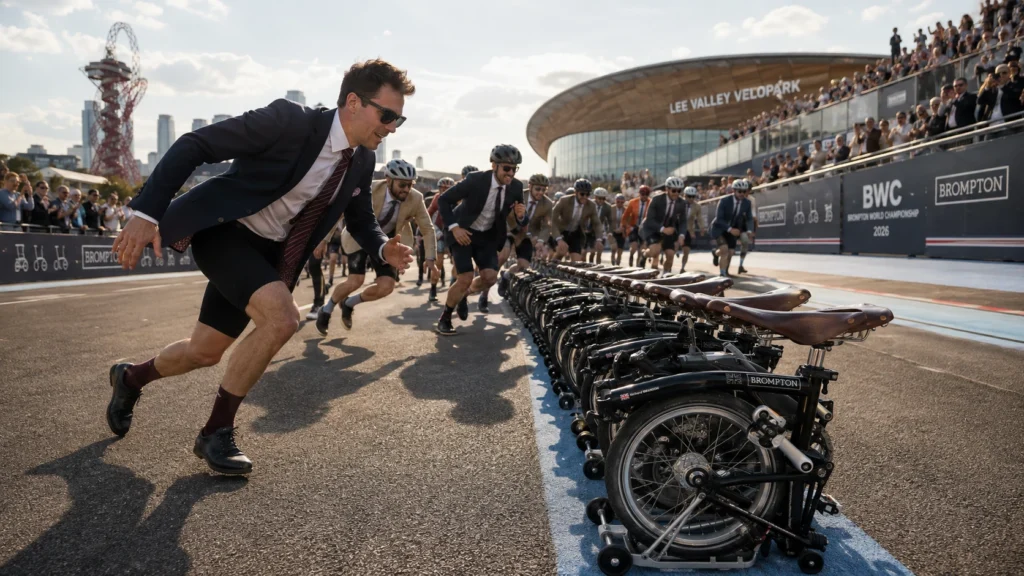 Riders in smart jackets sprint towards rows of folded Brompton bikes for the famous Le Mans-style start, energetic but premium cycling photography, London sporting atmosphere