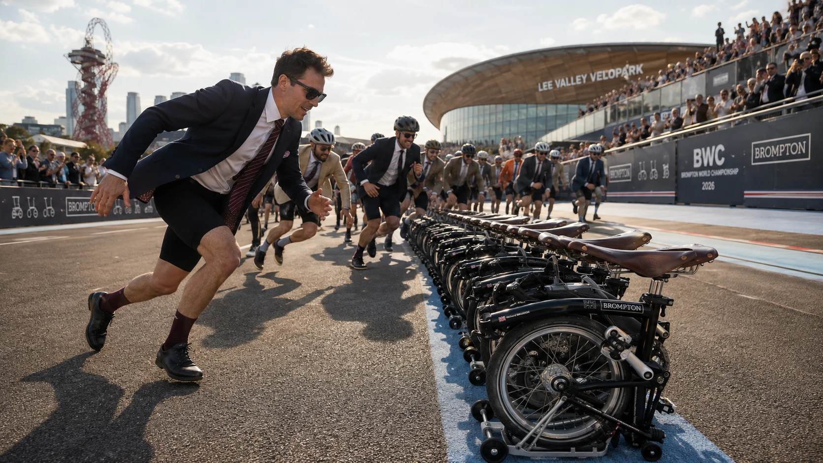 Riders in smart jackets sprint towards rows of folded Brompton bikes for the famous Le Mans-style start, energetic but premium cycling photography, London sporting atmosphere