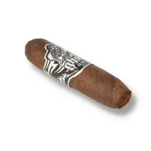Gurkha Ghost Spook cigar lying at an angle on a white background, a short, thick figurado with a dark, mottled brown maduro wrapper, a rounded head, a black and silver holographic band showing an illustrated figure and Gurkha lettering, and an open foot w