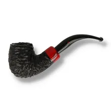 Peterson Halloween 2026 Rustic XL90 Bent Billiard pipe showing its tall black rusticated briar bowl, deeply carved lower section, curved shank, glossy scarlet-red acrylic accent with black marbling and polished black bent fishtail stem with red Peterson P