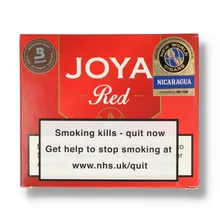 Red box of Joya Red Coronets by Joya de Nicaragua with New World Cigars Nicaragua seal and Boveda humidity control marking.