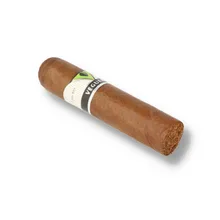 Single Vegueros CentroGordos Cuban cigar photographed diagonally on a white background, showing its short, wide body, warm brown wrapper, rounded cap, exposed tobacco foot and distinctive white, black and green Vegueros Pinar del Río band.